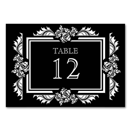 Schwarz-Weiß-Damast-Rose Tischnummer-Karten Tischnummer (Vorderseite)