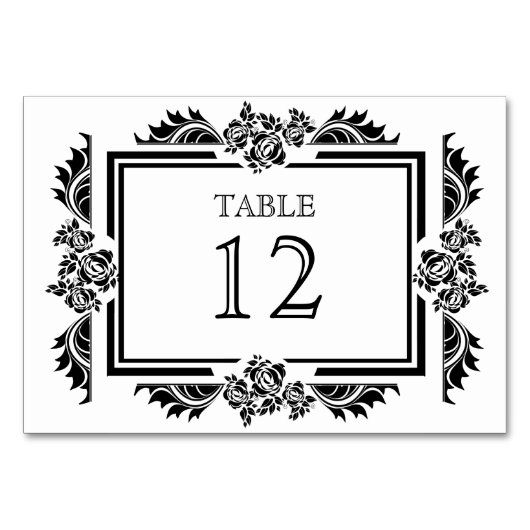 Schwarz-Weiß-Damast-Rose Tischnummer-Karten Tischnummer (Vorderseite)