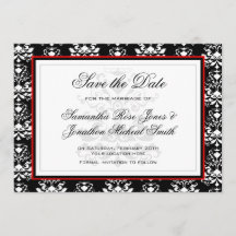Schwarz-Weiß-Damast-Roter Akzent Save the Date