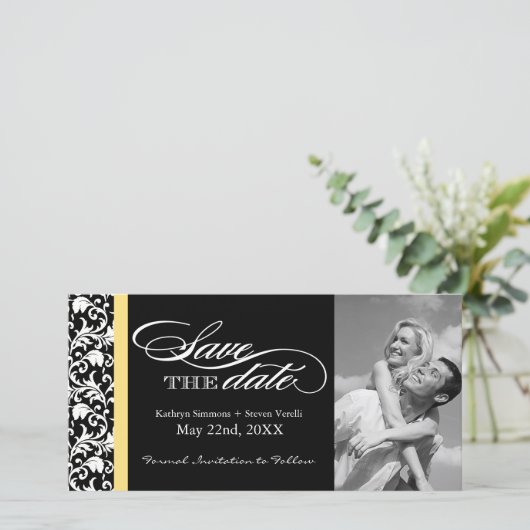 Schwarz-Weiß-Damast Save the Date (Stehend Vorderseite)