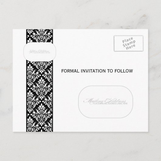Schwarz-Weiß-Damast Save the Date Ankündigungspostkarte (Rückseite)