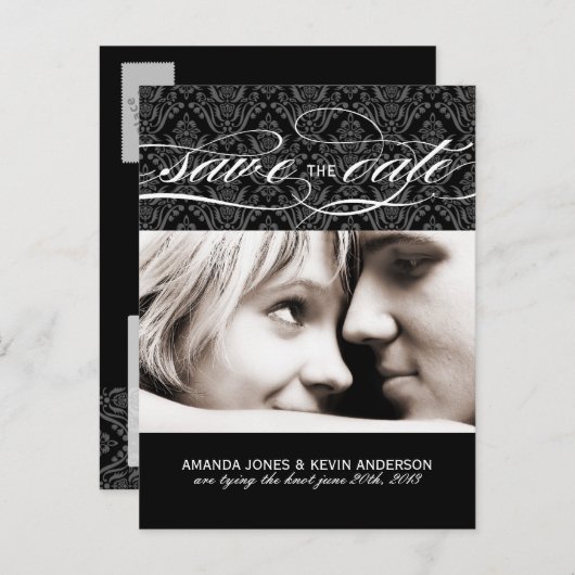 Schwarz-Weiß-Damast Save the Date Ankündigungspostkarte (Vorne/Hinten)