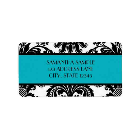 Schwarz-Weiß-Damast, tieftürkis Adressaufkleber (Vorne)