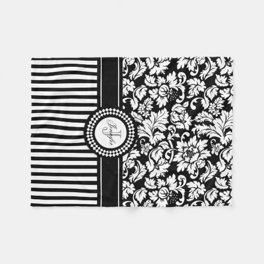 Schwarz-Weiß-Damast und Streifen-Monogramm Fleecedecke (Vorderseite (Horizontal))