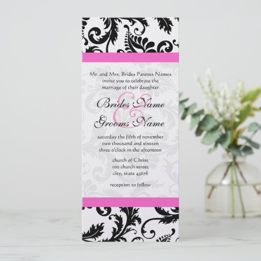 Schwarz-Weiß-Damast-Wirbel Hochzeit Einladung (Stehend Vorderseite)