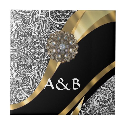 Schwarz-Weiß-Damastmuster Fliese (Vorderseite)