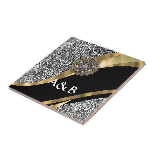 Schwarz-Weiß-Damastmuster Fliese (Seite)