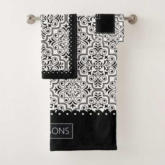 Schwarz-Weiß-Damastmuster, gerollte Ränder Badhandtuch Set (Insitu)