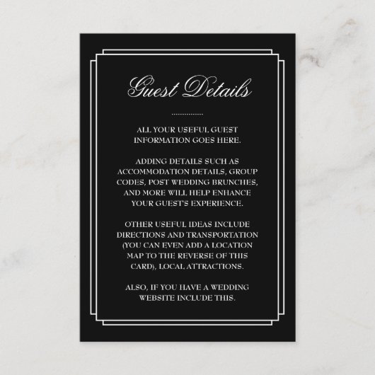 Schwarz-Weiß-Deko Hochzeitsgäste Details Begleitkarte (Vorderseite)