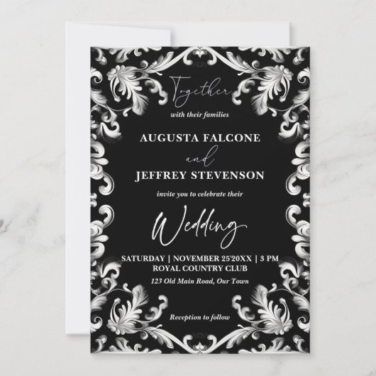 Schwarz-Weiß-Dekor elegant in einer Hochzeit Einladung (Vorderseite)