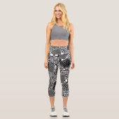 Schwarz-Weiß-Dekoratives Herzmuster Capri Leggings (Vorderseite)
