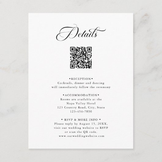 Schwarz-Weiß Delikatessen Elegante Hochzeiten Deta Begleitkarte (Vorderseite)