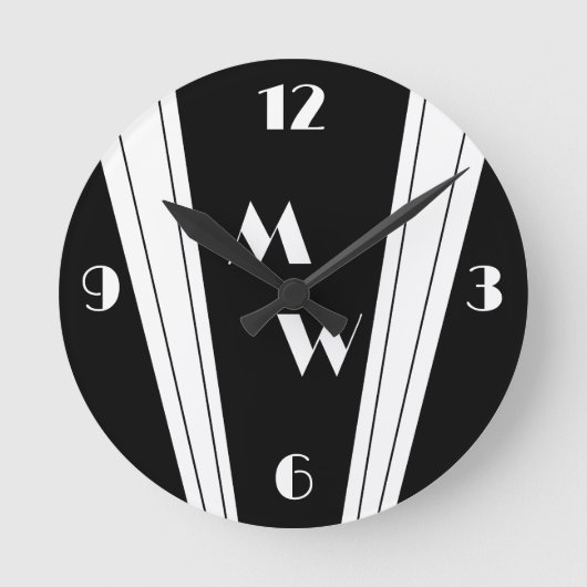 Schwarz-Weiß-Design Mit Monogramm Runde Wanduhr (Vorderseite)