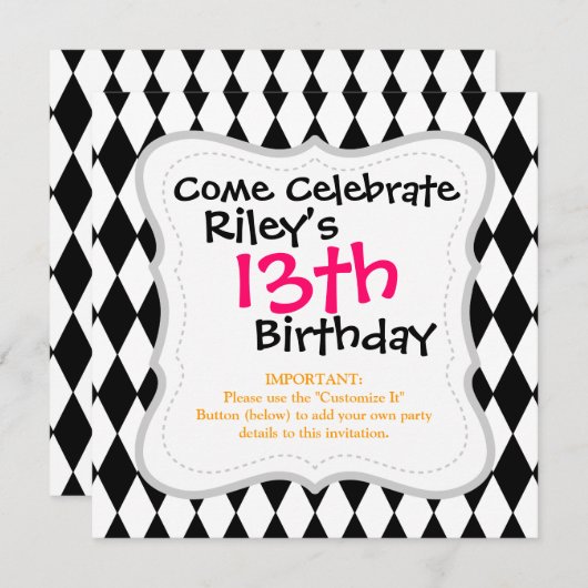 Schwarz-Weiß-Diamant-Harlequin-Muster Einladung (Vorne/Hinten)