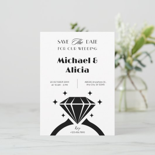 Schwarz-Weiß-Diamantring-Hochzeit minimalistisch Save The Date (Stehend Vorderseite)