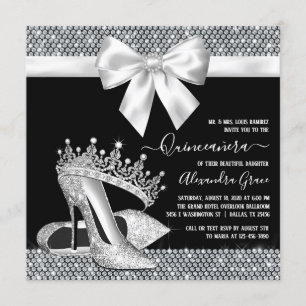 Schwarz-weiß Diamond Tiara Shoe Glam Quinceanera Einladung