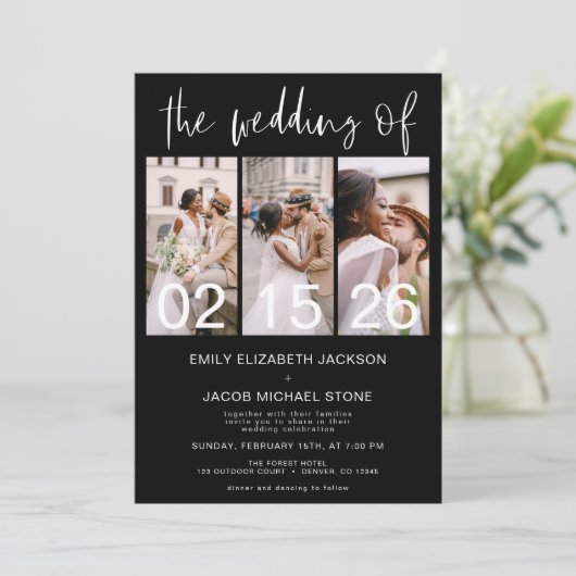 Schwarz-weiß Die Hochzeit des Fotos Minimalistisch Einladung (Stehend Vorderseite)