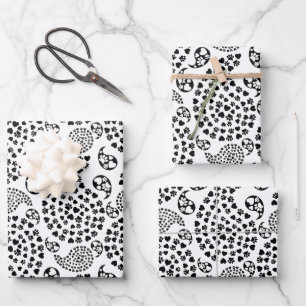 Schwarz-Weiß-Dog-Paws und Hörnchen Paisley Print Geschenkpapier Set