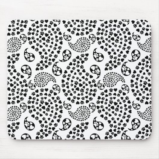 Schwarz-Weiß-Dog-Paws und Hörnchen Paisley Print Mousepad (Vorne)