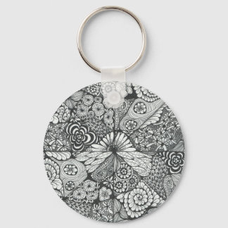 Schwarz-Weiß Doodle Art Keyring. Schlüsselanhänger