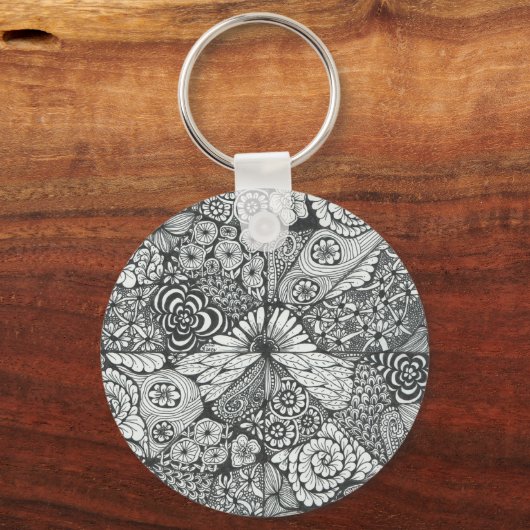 Schwarz-Weiß Doodle Art Keyring. Schlüsselanhänger (Vorderseite)