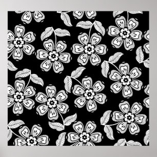 Schwarz-Weiß-Doodle-Blume-Muster schwarz, abstrakt Poster