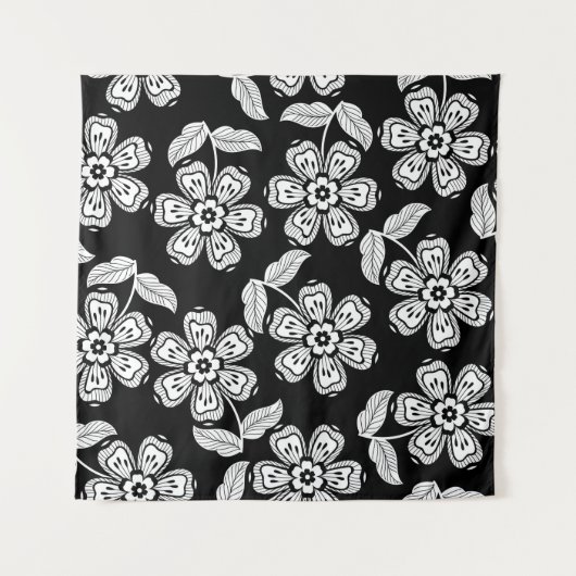 Schwarz-Weiß-Doodle-Blume-Muster schwarz, abstrakt Wandteppich (Vorderseite)