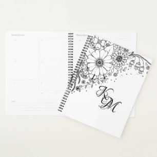 Schwarz-Weiß-Doodle-Blume Planer