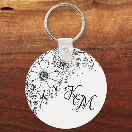Schwarz-Weiß-Doodle-Blume Schlüsselanhänger (Vorderseite)