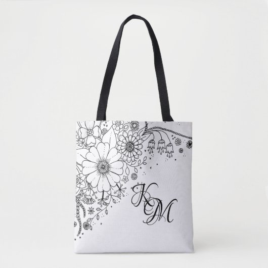 Schwarz-Weiß-Doodle-Blume Tasche (Vorderseite)