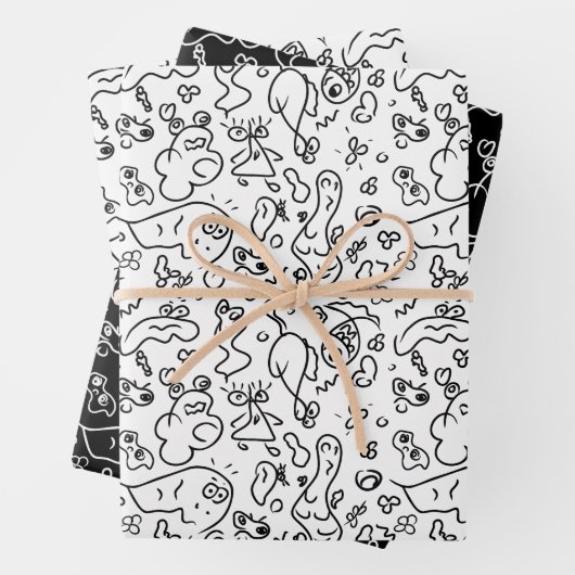 Schwarz-Weiß-Doodle-Muster, Packpapier-Folie Geschenkpapier Set (Beispiel)