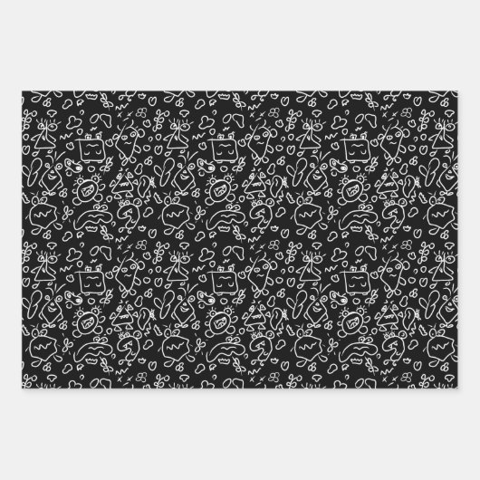 Schwarz-Weiß-Doodle-Muster, Packpapier-Folie Geschenkpapier Set (Vorderseite 2)