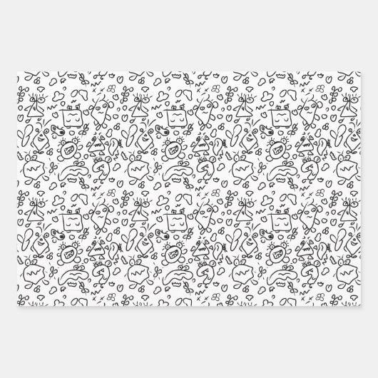 Schwarz-Weiß-Doodle-Muster, Packpapier-Folie Geschenkpapier Set (Vorderseite)