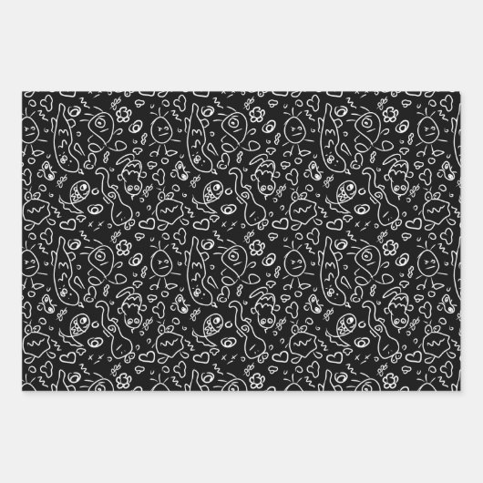 Schwarz-Weiß-Doodle-Muster, Packpapier-Folie Geschenkpapier Set (Vorderseite 2)