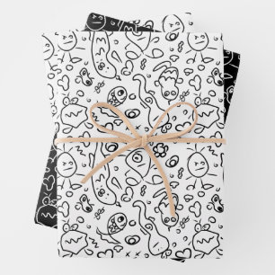 Schwarz-Weiß-Doodle-Muster, Packpapier-Folie Geschenkpapier Set