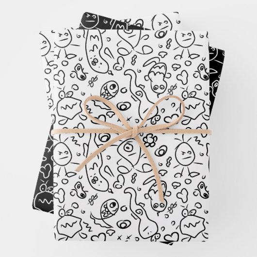 Schwarz-Weiß-Doodle-Muster, Packpapier-Folie Geschenkpapier Set (Beispiel)