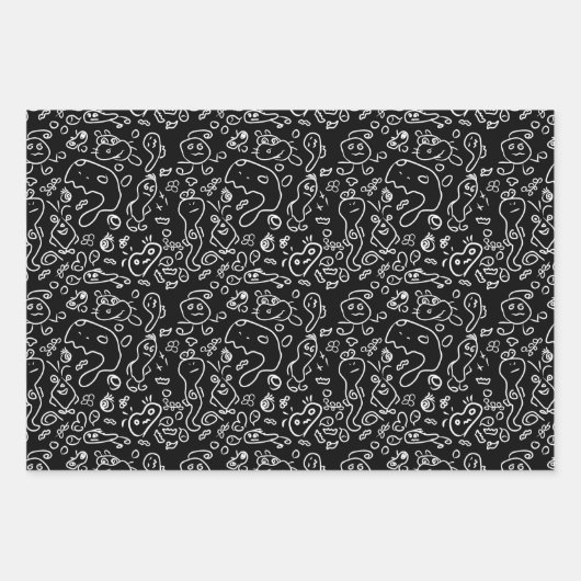 Schwarz-Weiß-Doodle-Muster, Packpapier-Folie Geschenkpapier Set (Vorderseite 2)