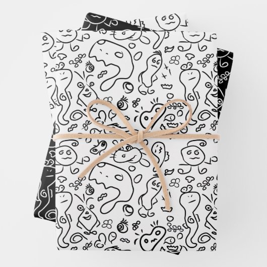 Schwarz-Weiß-Doodle-Muster, Packpapier-Folie Geschenkpapier Set (Beispiel)