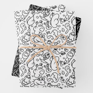 Schwarz-Weiß-Doodmuster Geschenkpapier Set