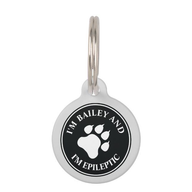 Schwarz-Weiß-Dose mit Epileptiktext Tiernamensmarke (Vorderseite)