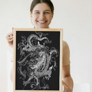 Schwarz-Weiß-Drachenposter-Druck Poster