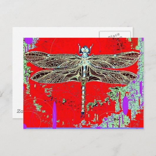 Schwarz-Weiß-Dragonfly auf Rot-lila von Sharles Postkarte (Vorne/Hinten)