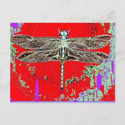 Schwarz-Weiß-Dragonfly auf Rot-lila von Sharles Postkarte (Vorderseite)