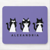 Schwarz-weiß | Drei kluge Kätzchen Lila Mousepad (Vorne)