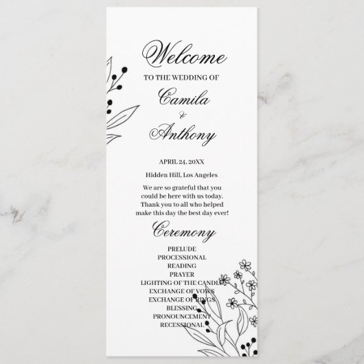 Schwarz-Weiß-Ecke Floral Boho Hochzeit Programm (Vorderseite)