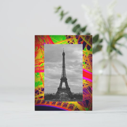 Schwarz-Weiß-Eiffel auf farbenfrohen Eiffeleisen Postkarte (Stehend Vorderseite)
