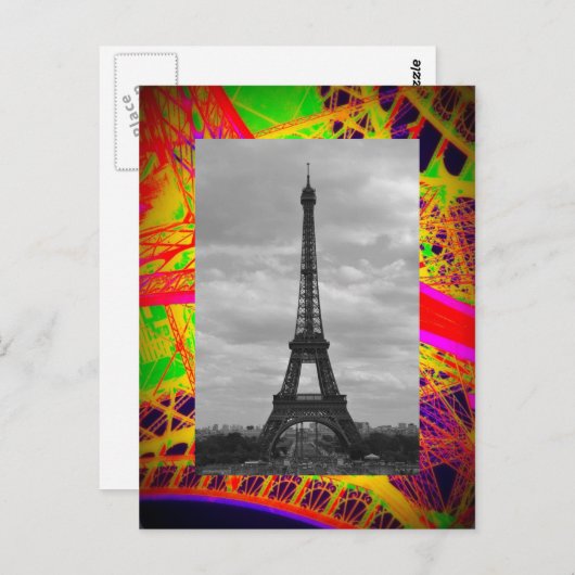 Schwarz-Weiß-Eiffel auf farbenfrohen Eiffeleisen Postkarte (Vorne/Hinten)