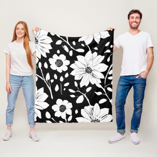Schwarz-Weiß-Einfache Blume Nahtloses Muster Fleecedecke (Beispiel)