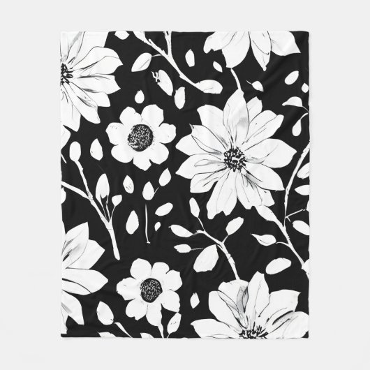 Schwarz-Weiß-Einfache Blume Nahtloses Muster Fleecedecke (Vorderseite)