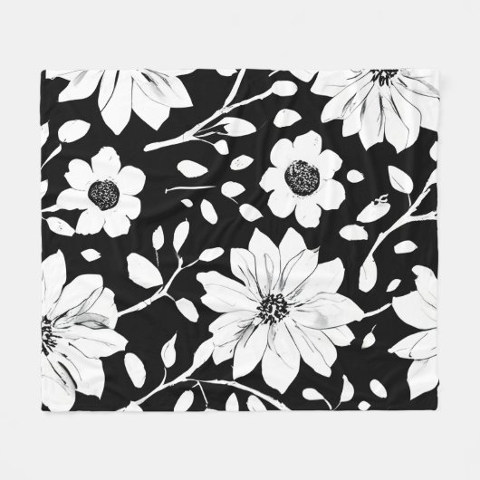 Schwarz-Weiß-Einfache Blume Nahtloses Muster Fleecedecke (Vorderseite (Horizontal))